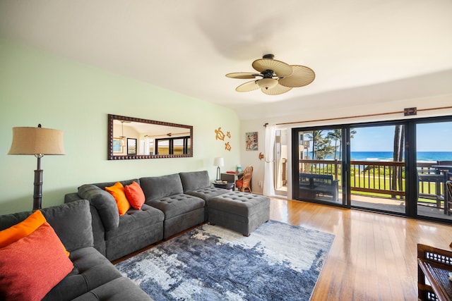 4460 Nehe Rd Unit 212, Lihue, HI 96766 - living area featuring wood-type flooring, ceiling fan, and a water view