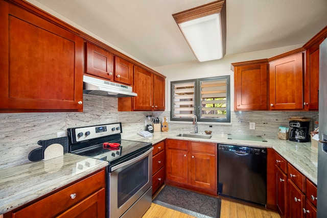 4460 Nehe Rd Unit 212, Lihue, HI 96766 - kitchen featuring black dishwasher, under cabinet range hood, stainless steel range with electric cooktop, a sink, and backsplash