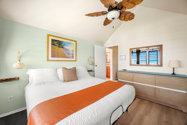 4460 Nehe Rd Unit 212, Lihue, HI 96766 - bedroom featuring ceiling fan, high vaulted ceiling, baseboards, and wood finished floors