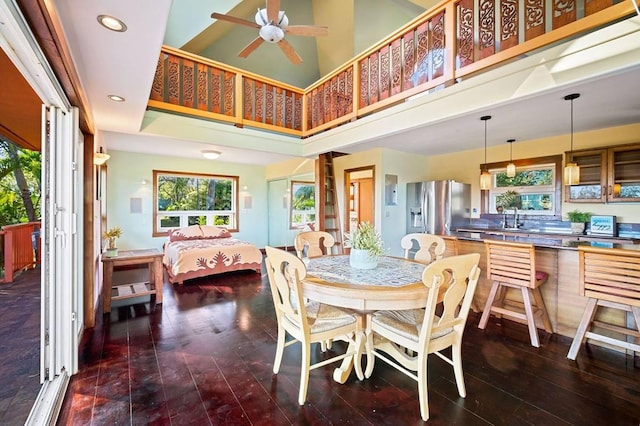 4-4940 Kuhio Hwy Unit A, Anahola, HI 96703 - dining space featuring a high ceiling, dark wood-style floors, ceiling fan, and recessed lighting