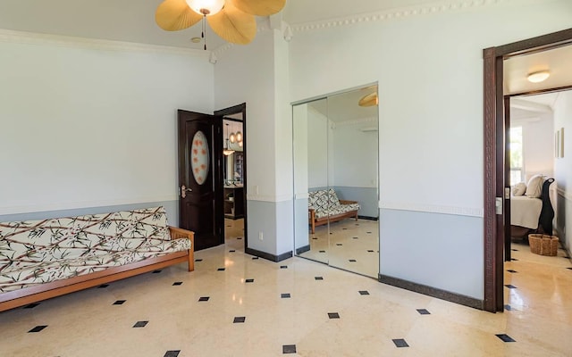 15-1660 3rd Ave, Keaau, HI 96749 - foyer with ceiling fan, crown molding, baseboards, and a towering ceiling