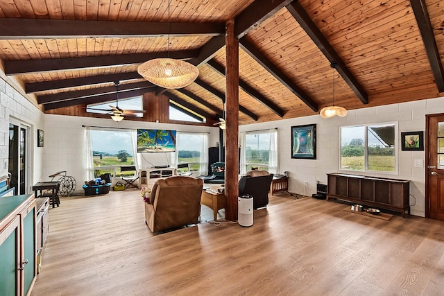 17-8160 N Kulani Rd, Mountain View, HI 96771 - living room featuring wooden ceiling, wood finished floors, ceiling fan, and concrete block wall