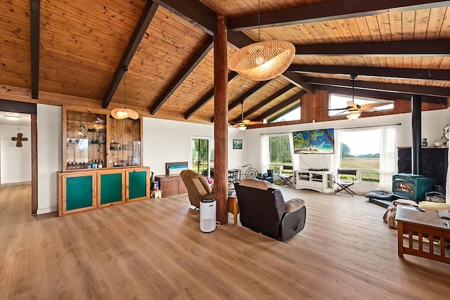17-8160 N Kulani Rd, Mountain View, HI 96771 - living room featuring ceiling fan, a wood stove, wooden ceiling, and wood finished floors