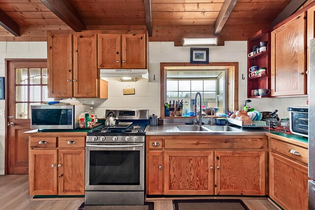 17-8160 N Kulani Rd, Mountain View, HI 96771 - kitchen with stainless steel appliances, under cabinet range hood, a sink, wooden ceiling with exposed beams, and light wood-style flooring