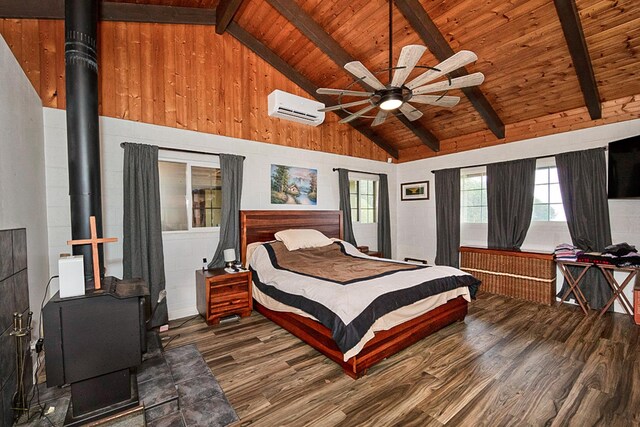 17-8160 N Kulani Rd, Mountain View, HI 96771 - bedroom with a wall mounted AC, a wood stove, wood finished floors, wood ceiling with exposed beams, and high vaulted ceiling