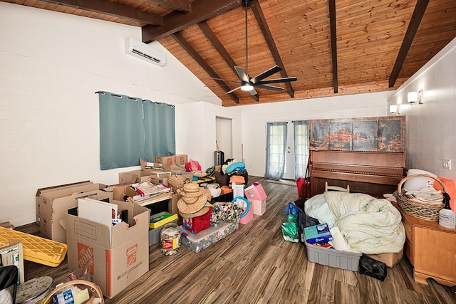 17-8160 N Kulani Rd, Mountain View, HI 96771 - bedroom with wood ceiling, wood finished floors, a wall mounted air conditioner, and ceiling fan
