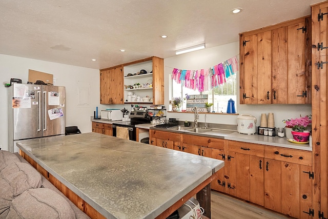17-8160 N Kulani Rd, Mountain View, HI 96771 - kitchen with stainless steel appliances, open shelves, a sink, light wood-type flooring, and recessed lighting