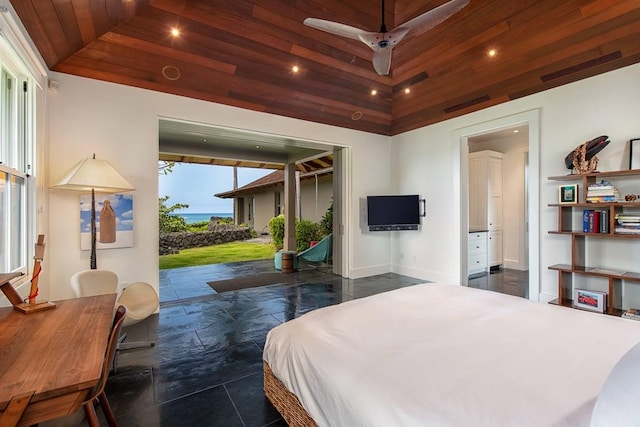 72-3023 Kakapa Pl, Kailua-Kona, HI 96740 - bedroom with stone tile floors, access to outside, recessed lighting, baseboards, and wood ceiling