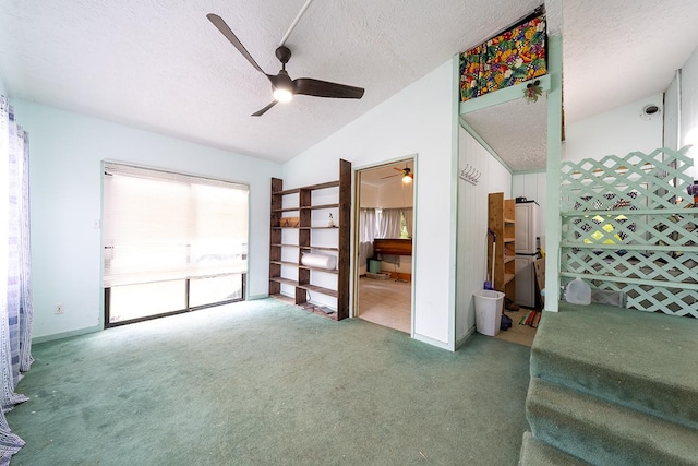 11-3171 Hibiscus St, Mountain View, HI 96771 - living room featuring a ceiling fan, carpet floors, a textured ceiling, and lofted ceiling