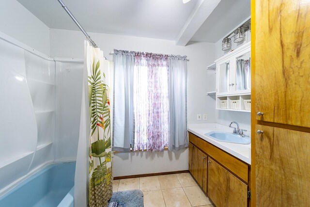 11-3171 Hibiscus St, Mountain View, HI 96771 - bathroom featuring vanity, tile patterned floors, and shower / bathtub combination with curtain