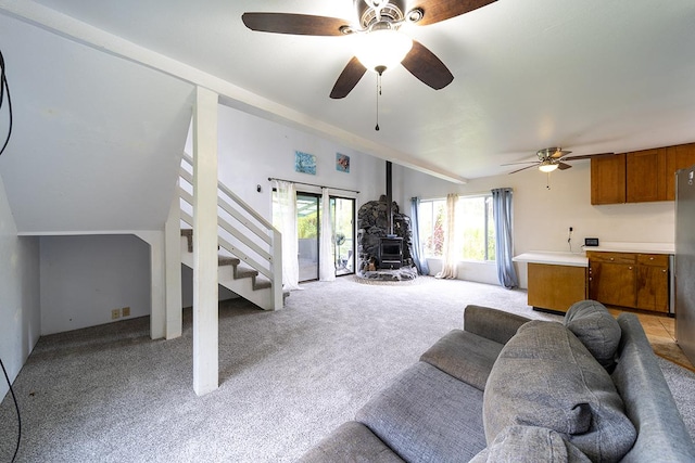 11-3171 Hibiscus St, Mountain View, HI 96771 - living area featuring light carpet, a ceiling fan, and stairs