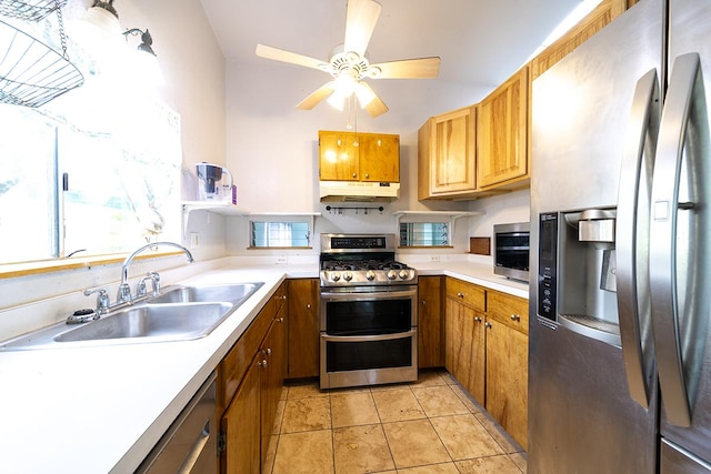11-3171 Hibiscus St, Mountain View, HI 96771 - kitchen featuring appliances with stainless steel finishes, under cabinet range hood, light countertops, a sink, and ceiling fan