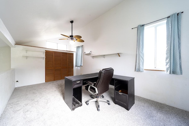 11-3171 Hibiscus St, Mountain View, HI 96771 - home office featuring ceiling fan, carpet floors, and vaulted ceiling