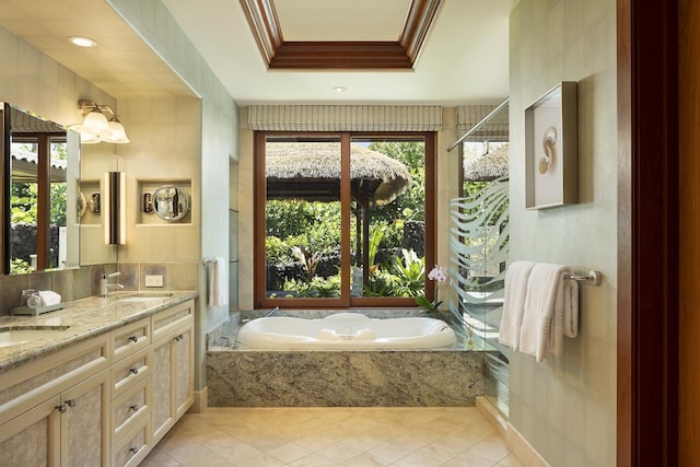 68-1015 Pauoa Way, Kamuela, HI 96743 - full bath featuring crown molding, a garden tub, double vanity, tile patterned flooring, and recessed lighting