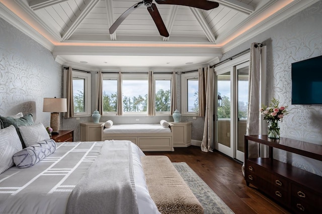 28-3320 Beach Rd, Pepeekeo, HI 96783 - bedroom featuring wallpapered walls, dark wood-style flooring, ornamental molding, wood ceiling, and a ceiling fan