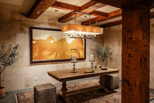 28-3320 Beach Rd, Pepeekeo, HI 96783 - detailed view of beamed ceiling, a chandelier, coffered ceiling, and tile walls