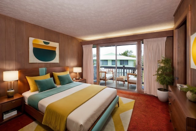 114 Kupaa St, Hilo, HI 96720 - bedroom featuring access to outside, a textured ceiling, wood walls, and carpet flooring
