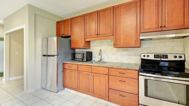 6573-E Puupilo Rd, Kapaa, HI 96746 - kitchen featuring appliances with stainless steel finishes, under cabinet range hood, a sink, light tile patterned flooring, and tasteful backsplash