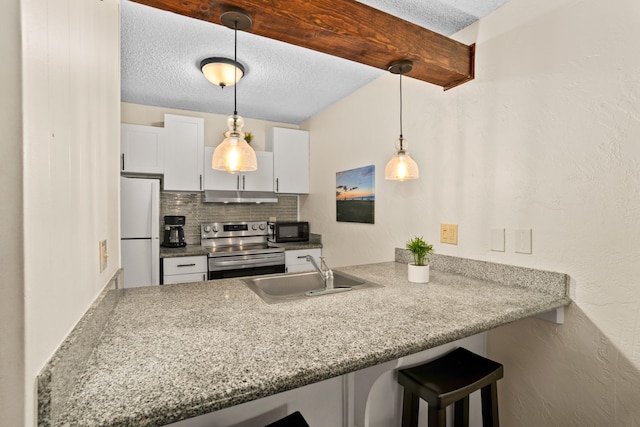 525 Aleka Lp Unit A3, Kapaa, HI 96746 - kitchen featuring stainless steel range with electric cooktop, freestanding refrigerator, under cabinet range hood, a sink, and black microwave