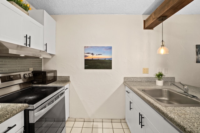 525 Aleka Lp Unit A3, Kapaa, HI 96746 - kitchen featuring stainless steel electric stove, a sink, light tile patterned floors, under cabinet range hood, and a textured ceiling