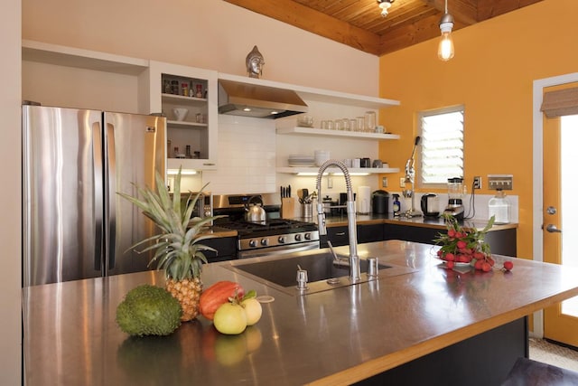 12-154 Mapuana Ave, Pahoa, HI 96778 - kitchen with stainless steel countertops, stainless steel appliances, wall chimney exhaust hood, wooden ceiling with exposed beams, and open shelves