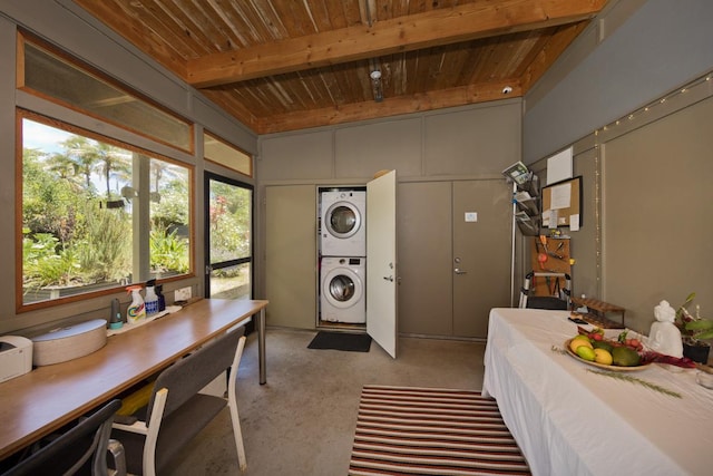12-154 Mapuana Ave, Pahoa, HI 96778 - bedroom featuring stacked washer / dryer and wood ceiling with exposed beams