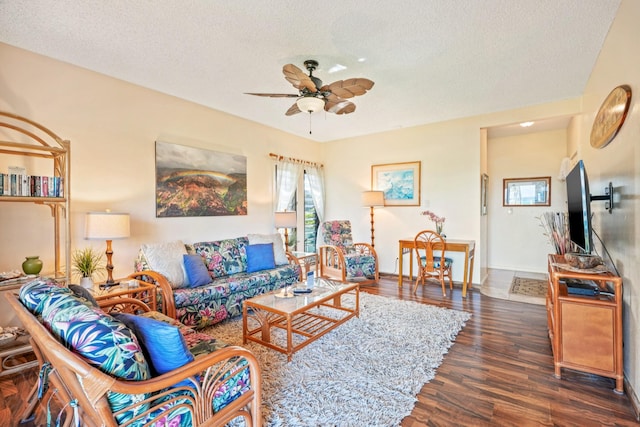 4460 Nehe Rd Unit 203, Lihue, HI 96766 - living area featuring a ceiling fan, dark wood-type flooring, a textured ceiling, and baseboards