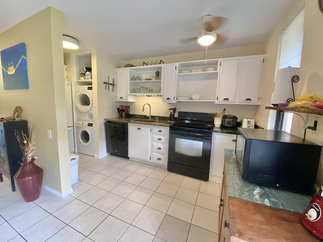 75-6026 Alii Dr Unit 3105, Kailua-Kona, HI 96740 - kitchen featuring black appliances, stacked washer and clothes dryer, open shelves, dark countertops, and a sink