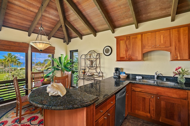 1901 Poipu Rd Unit 632, Koloa, HI 96756 - kitchen with a sink, stainless steel dishwasher, a peninsula, wood ceiling, and brown cabinets