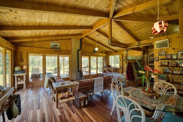11-2860 Apele Rd, Mountain View, HI 96771 - dining space with wooden ceiling, wooden walls, and hardwood / wood-style floors