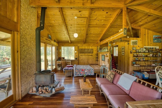 11-2860 Apele Rd, Mountain View, HI 96771 - living room featuring a wood stove, wooden ceiling, wood finished floors, and wooden walls