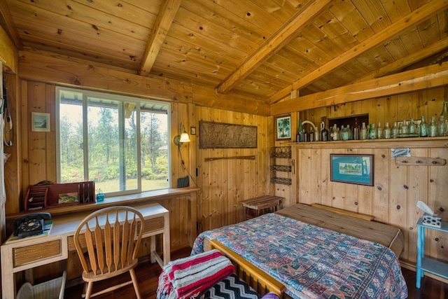 11-2860 Apele Rd, Mountain View, HI 96771 - bedroom featuring wood walls, wooden ceiling, wood finished floors, and a desk