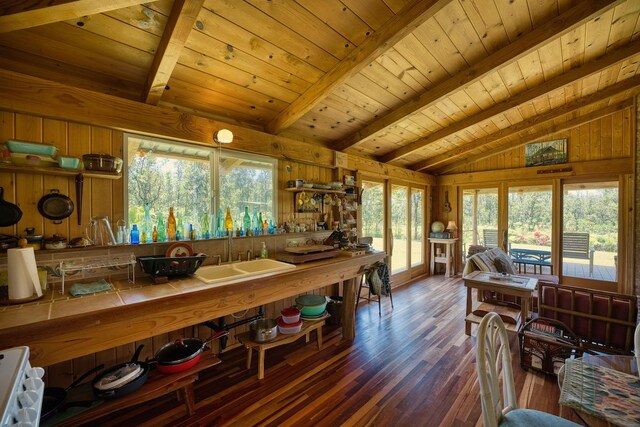 11-2860 Apele Rd, Mountain View, HI 96771 - dining room with wooden ceiling, wood finished floors, plenty of natural light, and wood walls