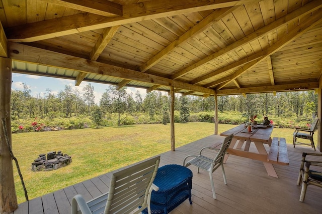 11-2860 Apele Rd, Mountain View, HI 96771 - wooden terrace with a fire pit, a lawn, and view of scattered trees