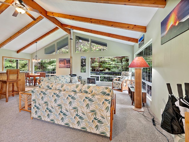 19-4157 Wright Rd, Volcano, HI 96785 - carpeted living room featuring beamed ceiling, ceiling fan, a chandelier, and high vaulted ceiling