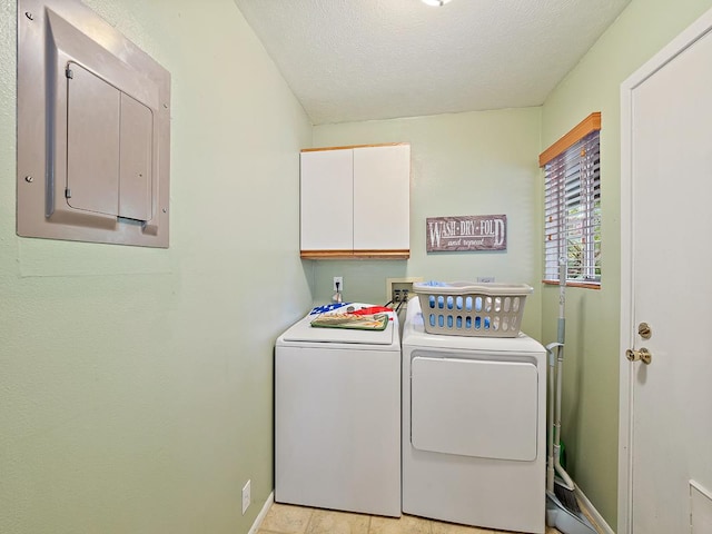 19-4157 Wright Rd, Volcano, HI 96785 - laundry room featuring cabinet space, electric panel, washing machine and dryer, and a textured ceiling