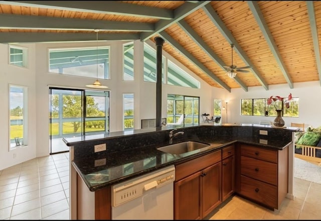 17-7860 Kulani Rd, Mountain View, HI 96771 - kitchen featuring white dishwasher, a sink, light tile patterned flooring, open floor plan, and wood ceiling with exposed beams