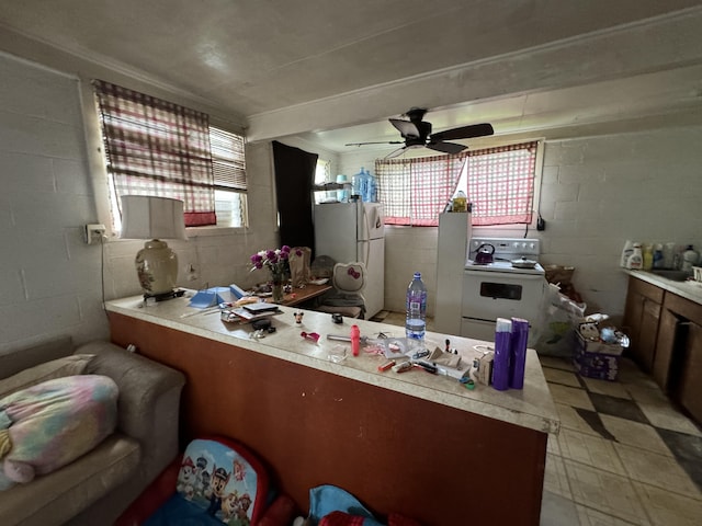 27-292 Old Mamalahoa Hwy, Papaikou, HI 96781 - kitchen featuring white appliances, concrete block wall, a peninsula, light countertops, and a ceiling fan