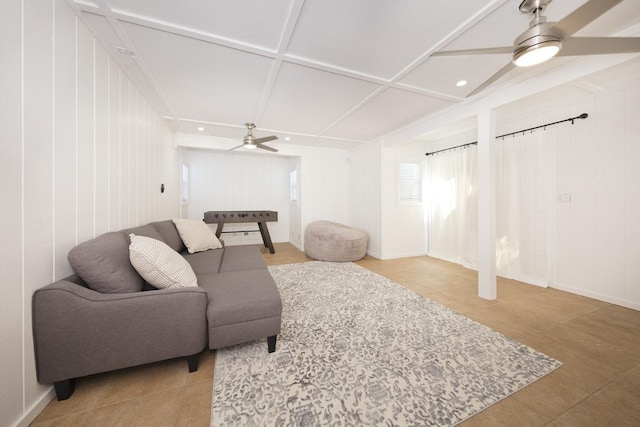 15-112 Kuna St, Pahoa, HI 96778 - living area featuring a ceiling fan, light tile patterned flooring, and recessed lighting