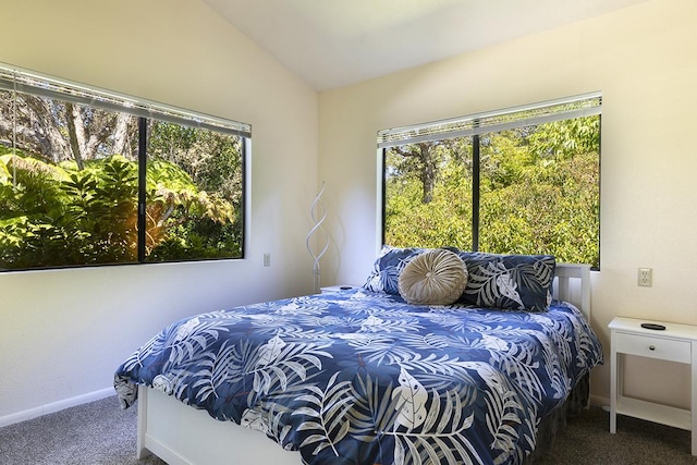 99-7715 Kalehua Pl, Volcano, HI 96778 - bedroom with carpet, baseboards, and lofted ceiling