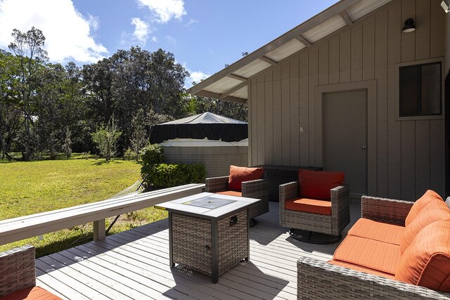 99-7715 Kalehua Pl, Volcano, HI 96778 - wooden terrace featuring a yard and an outdoor hangout area