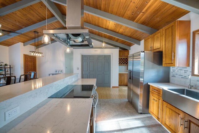 103 Puhili St, Hilo, HI 96720 - kitchen with stainless steel appliances, brown cabinetry, tasteful backsplash, decorative light fixtures, and wooden ceiling