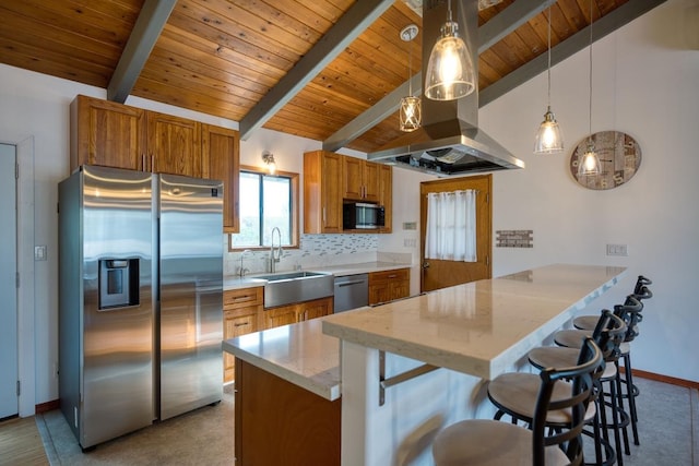 103 Puhili St, Hilo, HI 96720 - kitchen featuring appliances with stainless steel finishes, a sink, brown cabinetry, a peninsula, and wooden ceiling