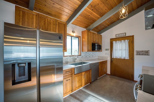103 Puhili St, Hilo, HI 96720 - kitchen with stainless steel appliances, a sink, light countertops, wooden ceiling, and tasteful backsplash