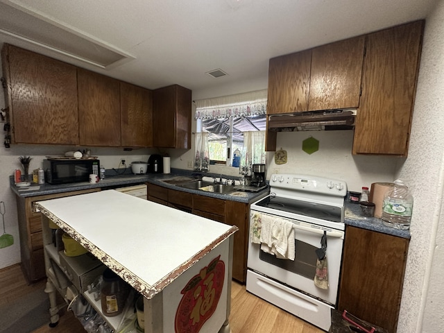 16-1909 36th Ave, Keaau, HI 96749 - kitchen featuring white electric range oven, under cabinet range hood, black microwave, a sink, and light wood finished floors