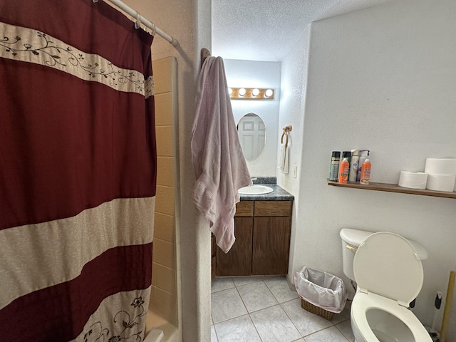 16-1909 36th Ave, Keaau, HI 96749 - full bathroom with tile patterned flooring, vanity, toilet, a textured ceiling, and shower / bathtub combination with curtain