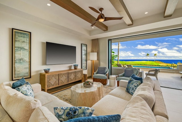 3770 Alaoli Way Unit 3003, Lihue, HI 96766 - living room with beam ceiling, ceiling fan, recessed lighting, and tile patterned flooring