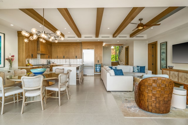 3770 Alaoli Way Unit 3003, Lihue, HI 96766 - dining space featuring beamed ceiling, ceiling fan, recessed lighting, and light tile patterned floors