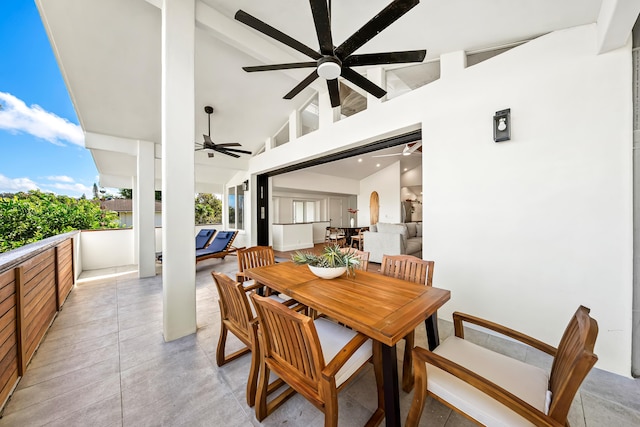 5111 Weke Rd, Hanalei, HI 96714 - dining area featuring ceiling fan, beam ceiling, high vaulted ceiling, and light tile patterned floors