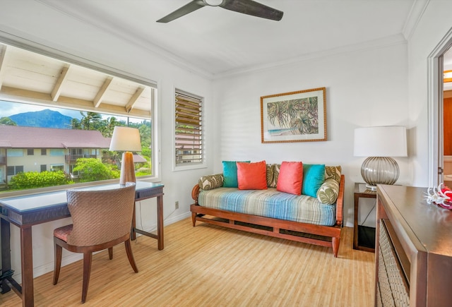 5-7130 Kuhio Hwy Unit B3, Hanalei, HI 96722 - living area featuring light wood-type flooring, ceiling fan, crown molding, an office area, and baseboards